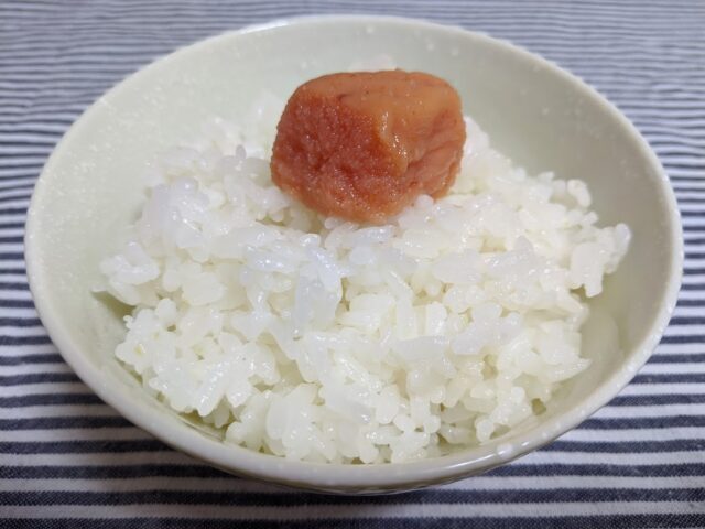 お茶碗に入れた白ご飯の上に島本の昆布漬け辛子明太子を一切れのせてテーブルの上に置いている写真