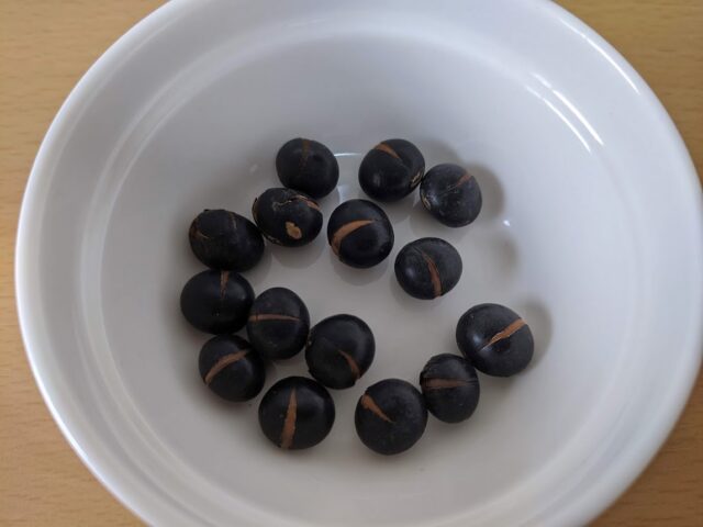 白いお皿に大宰府焙煎堂「黒豆茶」用の黒豆を15粒入れた写真