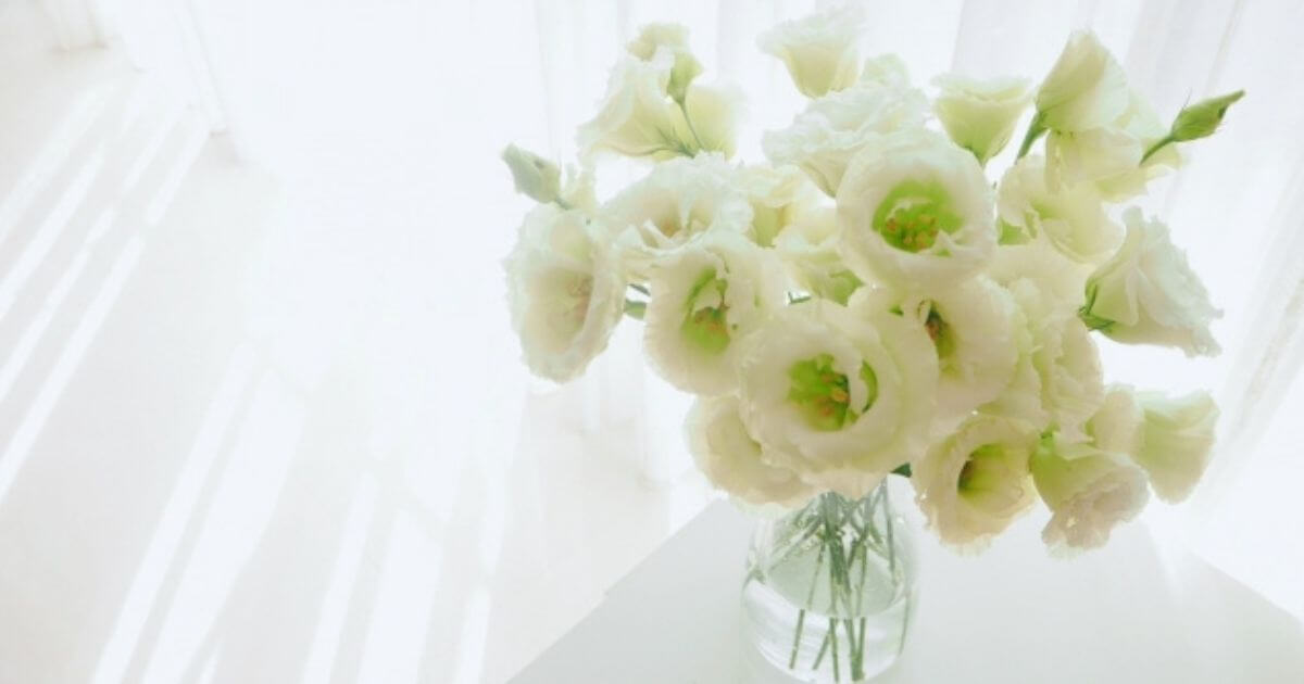 レースのカーテンと白い花束を花瓶に生けている画像