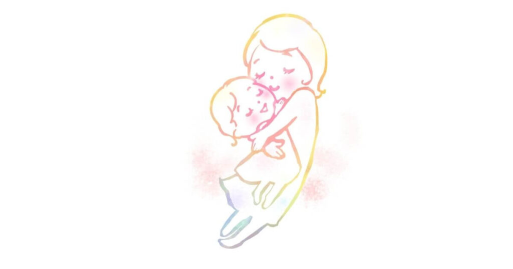 お母さんが赤ちゃんを抱きしめているイラスト
