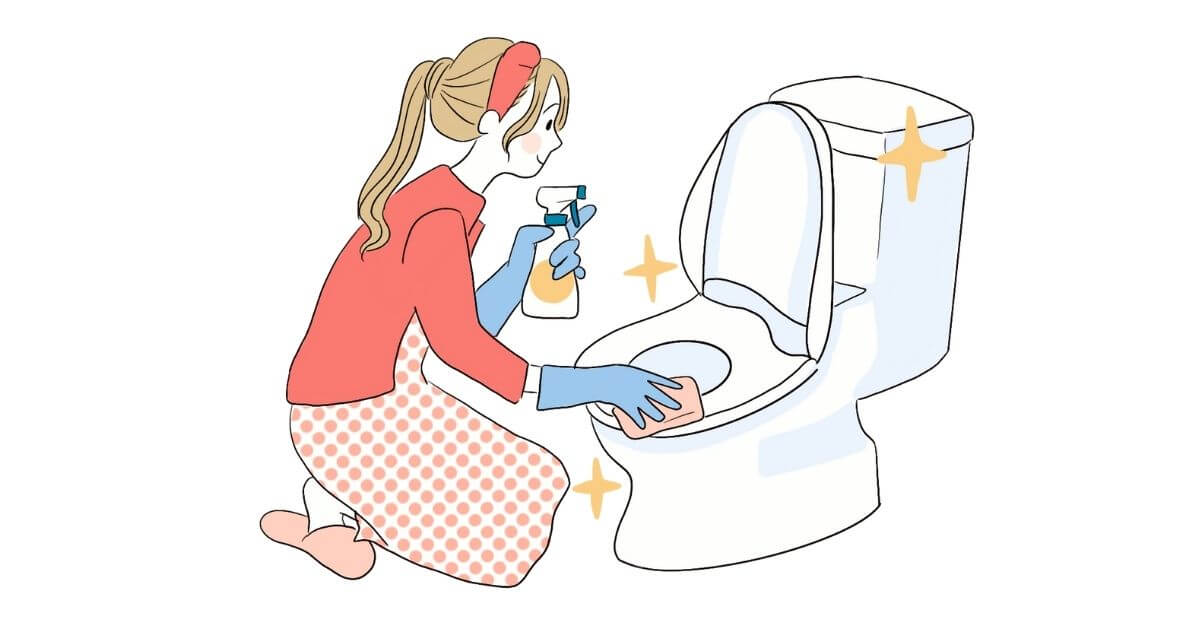 女性がトイレの便器を磨いて掃除しているイラスト