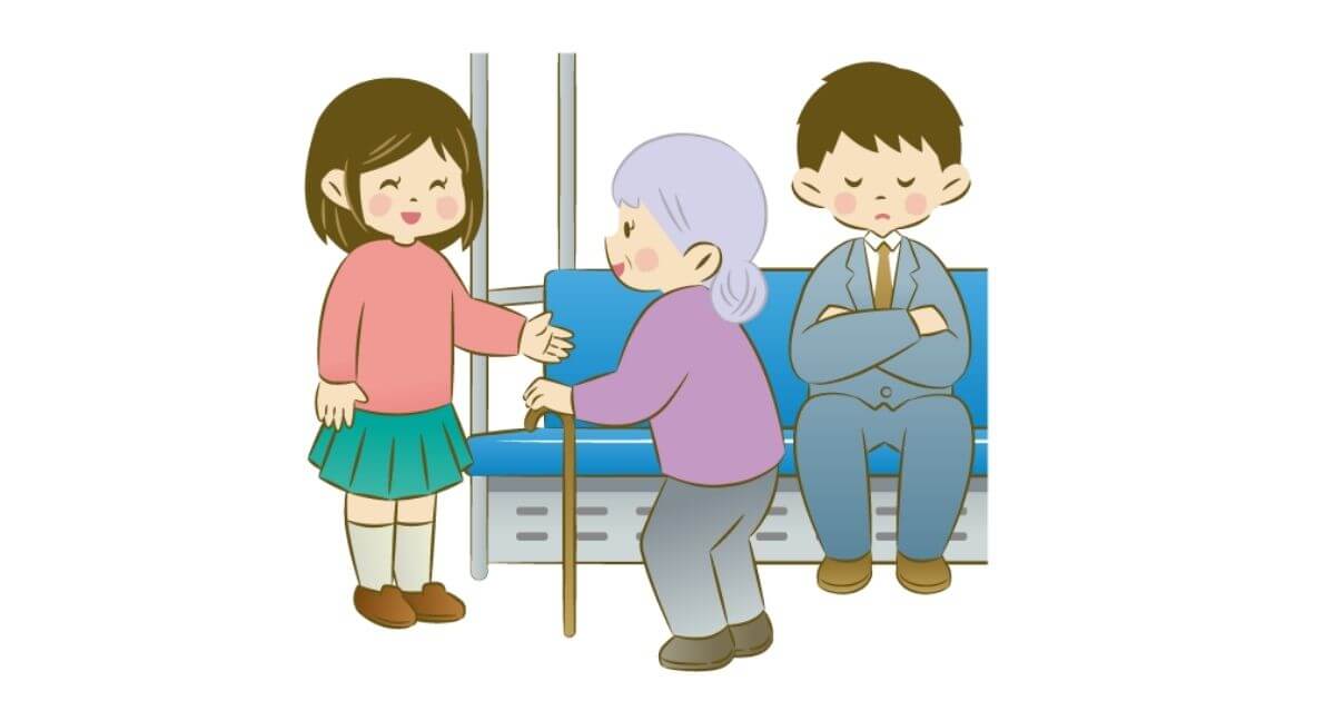 バスの中で女の子がおばあさんに席を譲っているイラスト