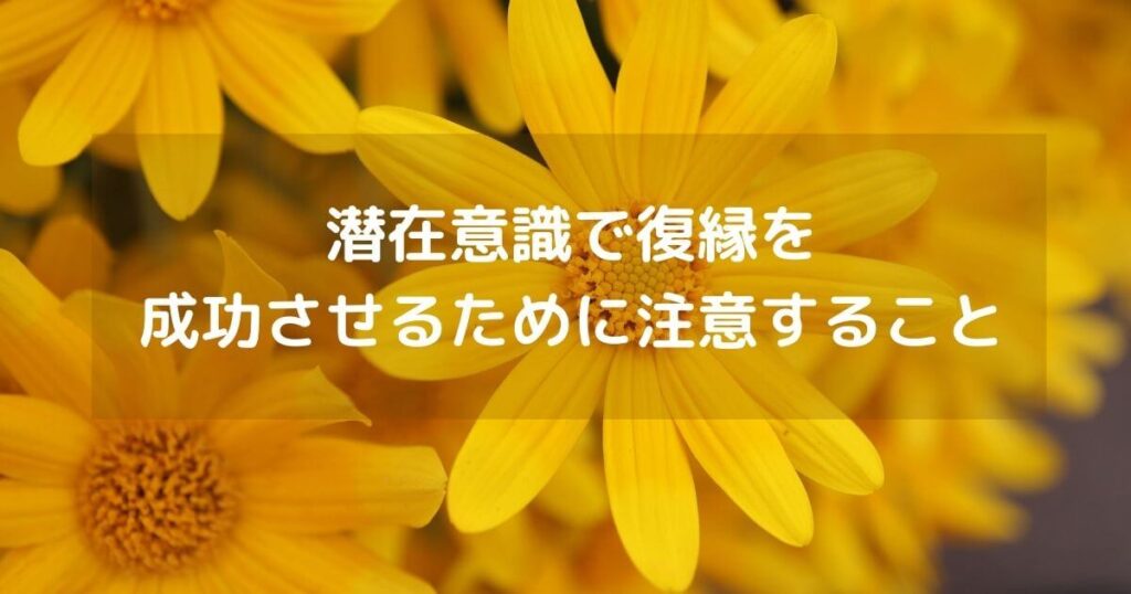 黄色いマーガレットのお花を拡大した画像に「潜在意識で復縁を成功させるために注意すること」の言葉が入ったもの（潜在意識で復縁を成功）