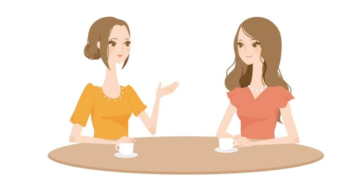 女性2人がコーヒーを飲んで会話しているイラスト